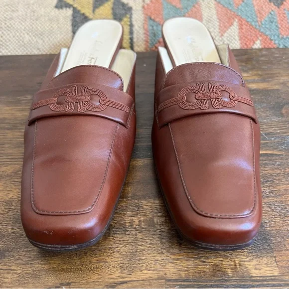 Salvatore Ferragamo Brown CalfLeather Gancini Embroidered Mules Size 10 B